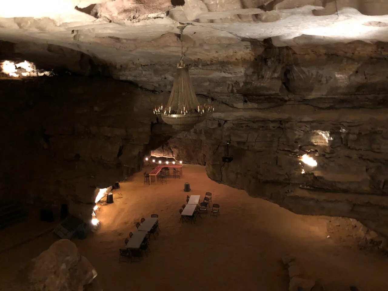 Chandelier-lit Volcano Room inside Cumberland Caverns