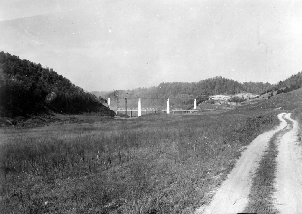 Black-and-white photograph of Center Hill Dam under construction